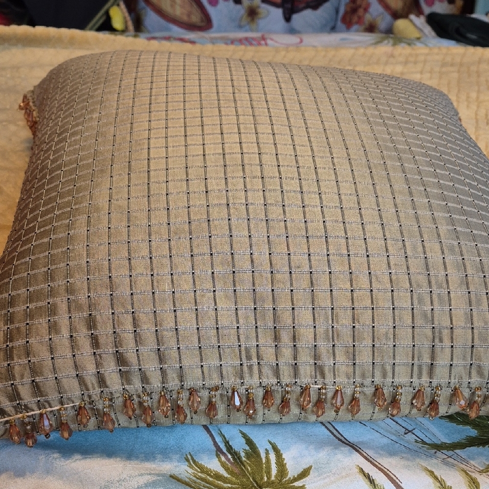 Tan Pillow with Beaded Fringe